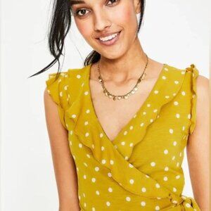 Boden Jodie Top Women Sz 2 Yellow Polka Dot Wrap Blouse Tie Waist V Neck Ruffle